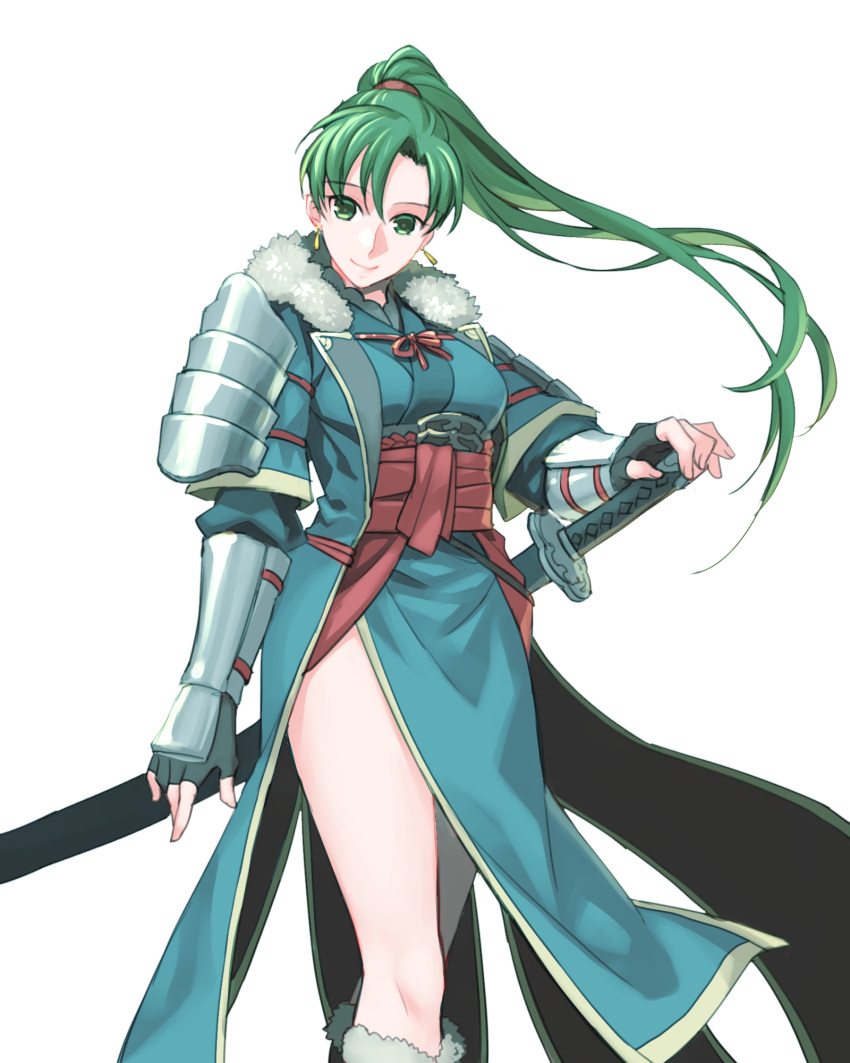 armor asymmetrical_bangs bangs breasts coat cowboy_shot dress earrings fingerless_gloves fire_emblem fire_emblem:_kakusei fire_emblem:_rekka_no_ken fur-trimmed_boots fur-trimmed_coat fur_trim gauntlets gloves green_eyes green_hair hand_on_hilt highres japanese_armor jewelry katana kori_(etinop) long_hair long_sleeves looking_at_viewer lyndis_(fire_emblem) medium_breasts pelvic_curtain ponytail sash scabbard sheath sheathed shoulder_armor side_slit simple_background smile sword thighs weapon white_background