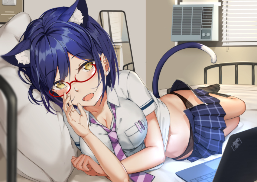 1girl air_conditioner animal_ears black_legwear black_panties blouse blue_hair blue_skirt blurry blush breasts cat_ears cat_tail commentary computer depth_of_field eyebrows_visible_through_hair full_body highres indoors kneehighs laptop large_breasts looking_at_viewer loose_skirt lu" lying mirror mole mole_under_eye navel necktie nijisanji on_bed on_side open_mouth panties pillow plaid plaid_skirt pleated_skirt purple_neckwear red-framed_eyewear school_uniform semi-rimless_eyewear shizuka_rin short_hair shutter skirt solo striped_neckwear tail under-rim_eyewear underwear unzipped virtual_youtuber white_blouse white_pillow yellow_eyes youtube