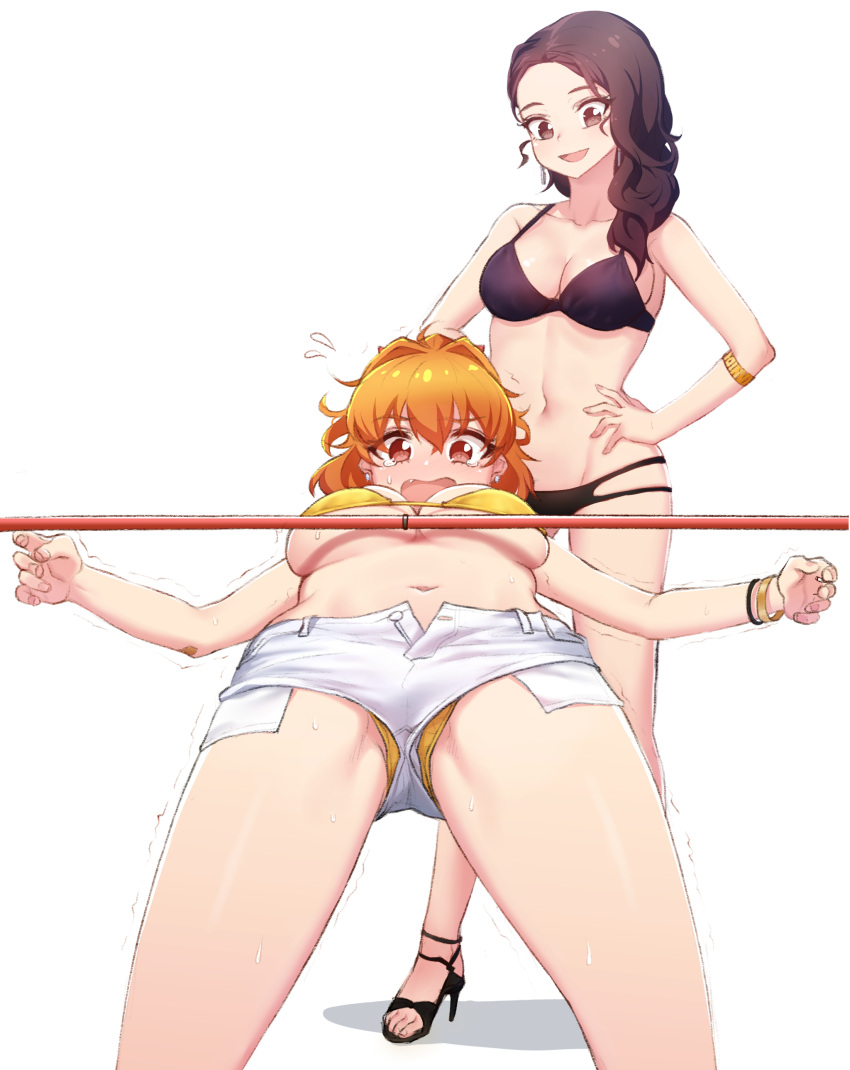 2girls absurdres bikini bikini_under_clothes bow breasts brown_eyes cleavage eyebrows_visible_through_hair hair_bow hair_over_shoulder hand_on_hip high_heels highres limbo looking_at_another medium_breasts midriff multiple_girls narynn narynn_(character) navel orange_hair original ponytail red_bow short_shorts shorts simple_background standing swimsuit trembling under_boob wavy_hair wavy_mouth yellow_bikini