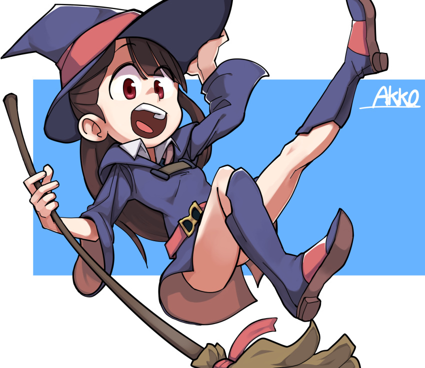 1girl :d boots breasts broom brown_hair character_name dress hand_on_headwear hat highres holding holding_broom kagari_atsuko knee_boots little_witch_academia lkll long_hair long_sleeves looking_at_viewer open_mouth purple_dress purple_footwear purple_hat red_eyes small_breasts smile solo teeth witch_hat