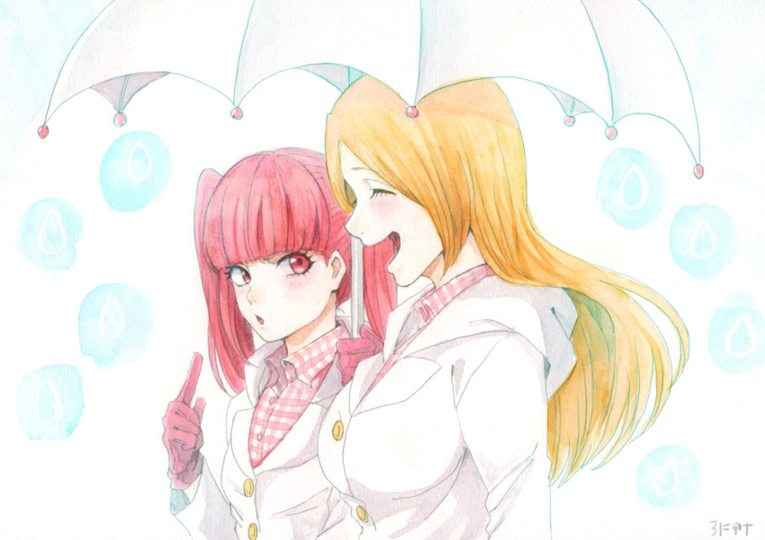 2girls :o bleach blush breasts closed_eyes dokugamine_riruka gloves hood hood_down hooded_jacket inoue_orihime jacket large_breasts laughing long_hair multiple_girls open_mouth orange_hair plaid plaid_shirt pointing pointing_up red_eyes red_gloves redhead ronisuke shared_umbrella shirt twintails umbrella umrella