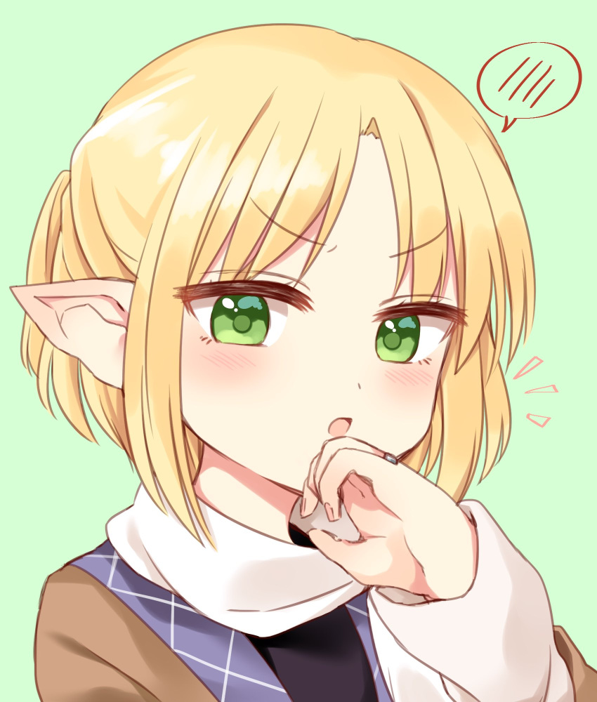 &gt;:o 1girl arm_warmers blonde_hair blush green_eyes half_updo highres jewelry looking_at_viewer mizuhashi_parsee pointy_ears ring scarf short_hair solo spoken_blush touhou v-shaped_eyebrows yururi_nano