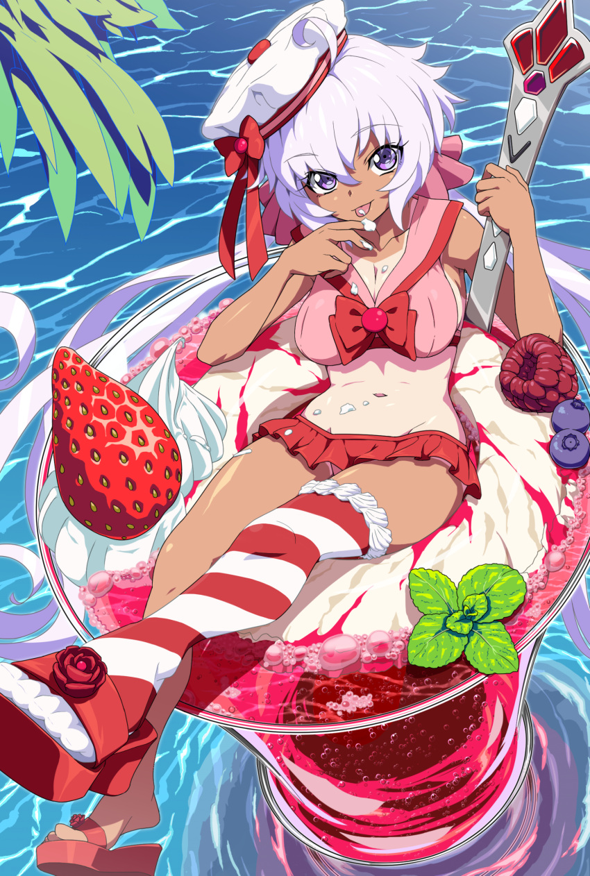 1girl absurdres ahoge bikini blueberry breasts dessert eyebrows_visible_through_hair food frilled_bikini frills fruit hat highres ice_cream large_breasts long_hair looking_at_viewer low_twintails navel one-piece_tan red_bikini senki_zesshou_symphogear shiny shiny_hair shiny_skin silver_hair single_thighhigh sitting solo strawberry striped striped_legwear swimsuit tan tanline thigh-highs tongue tongue_out twintails uganda violet_eyes water yukine_chris