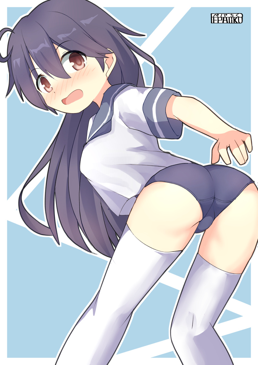 1girl artist_name ass back black_hair blue_background blue_sailor_collar blue_swimsuit blush breasts brown_eyes embarrassed eyebrows_visible_through_hair hair_between_eyes highres kantai_collection long_hair looking_at_viewer looking_back medium_breasts one-piece_swimsuit open_clothes open_mouth pepatiku sailor_collar school_swimsuit school_uniform serafuku solo swimsuit swimsuit_under_clothes thigh-highs ushio_(kantai_collection) white_legwear