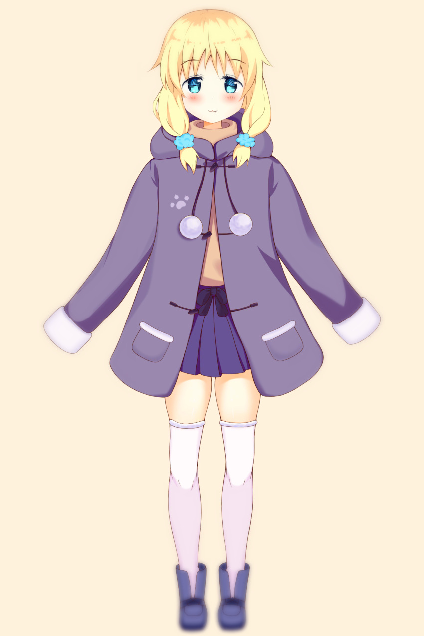 1girl :3 bangs black_bow blonde_hair blue_eyes blue_footwear blue_scrunchie blue_skirt blush boots bow brown_background brown_shirt closed_mouth commentary_request eyebrows_visible_through_hair fang fang_out full_body hair_ornament hair_scrunchie highres hood hood_down hooded_coat liang_feng_qui_ye long_hair long_sleeves original pleated_skirt purple_coat scrunchie shirt simple_background skirt sleeves_past_fingers sleeves_past_wrists solo standing thigh-highs thighhighs_under_boots white_legwear