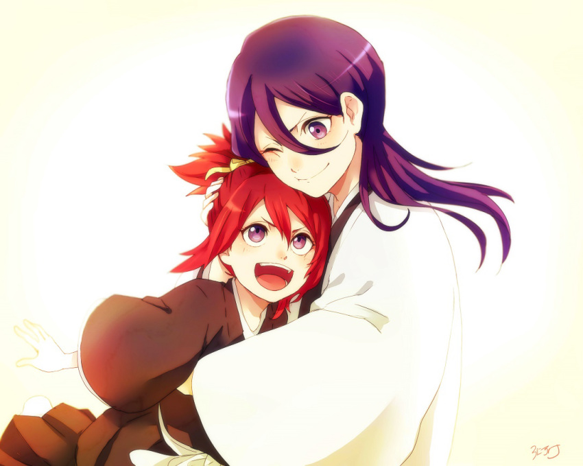 2girls :d abarai_ichika bleach haori hug japanese_clothes kimono kuchiki_rukia long_hair mother_and_daughter multiple_girls one_eye_closed open_mouth ponytail purple_hair redhead ronisuke signature smile spiky_hair taichou_haori violet_eyes white_background