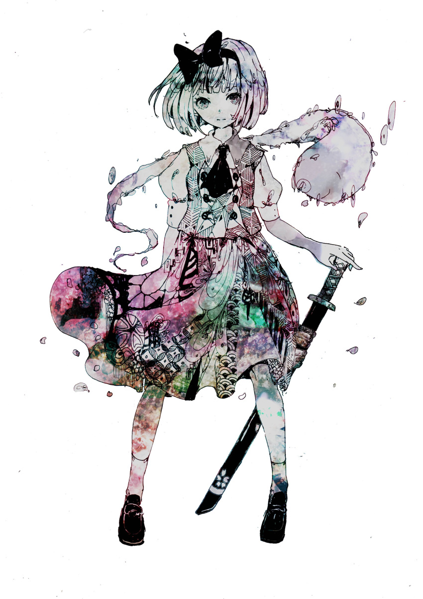 1girl absurdres ascot bangs black_ascot black_hairband blunt_bangs collared_shirt commentary_request frills grey_eyes hair_ribbon hairband highres katana konpaku_youmu konpaku_youmu_(ghost) looking_at_viewer medium_skirt puffy_short_sleeves puffy_sleeves ribbon sano_naoi sheath sheathed shirt short_hair short_sleeves silver_hair simple_background skirt skirt_set socks solo sword touhou vest weapon white_background white_legwear