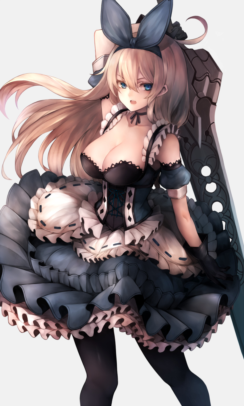 1girl :d ahoge apron arm_up bangs black_choker black_gloves black_hairband black_legwear black_ribbon blonde_hair blue_dress blue_eyes breasts choker cleavage collarbone commentary_request corset detached_sleeves dress frilled_apron frilled_dress frills gloves gradient gradient_background hair_between_eyes hair_ribbon hairband highres holding holding_sword holding_weapon inaba_sunimi large_breasts layered_dress long_hair looking_at_viewer open_mouth original pantyhose puffy_short_sleeves puffy_sleeves ribbon ribbon-trimmed_apron ribbon_choker ribbon_trim short_sleeves simple_background single_sidelock smile solo standing sword v-shaped_eyebrows weapon white_apron white_background