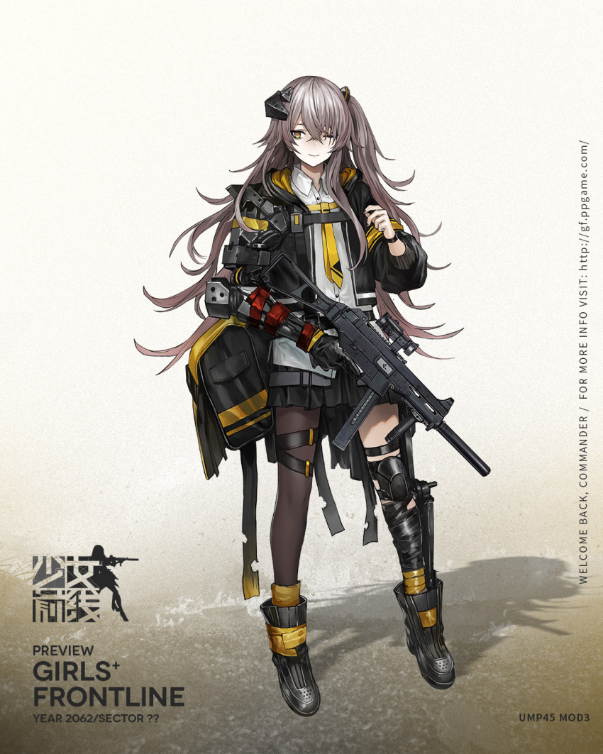 1girl ammunition_pouch ankle_boots arm_ribbon armband bag baggy_clothes bangs black_footwear black_gloves black_jacket black_legwear black_nails blush boots brown_eyes buttons character_name closed_mouth collared_shirt copyright_name crossed_bangs digi-mind_update_(girls_frontline) exoskeleton full_body girls_frontline gloves gun h&amp;k_ump h&amp;k_ump45 hair_ornament hand_up headgear heckler_&amp;_koch highres holding holding_gun holding_weapon holster hood hood_down hooded_jacket jacket leg_strap leg_wrap logo long_hair looking_at_viewer looking_away mechanical_arm nail_polish necktie nose_blush official_art one_eye_closed one_side_up open_clothes open_jacket pleated_skirt pouch red_ribbon ribbon scar scar_across_eye shirt sidelocks silver_hair single_glove single_knee_pad single_pantyhose skirt smile solo standing strap submachine_gun suppressor thigh-highs thigh_strap trigger_discipline ump45_(girls_frontline) untucked_shirt vertical_foregrip very_long_hair weapon white_shirt wristband yellow_neckwear zagala