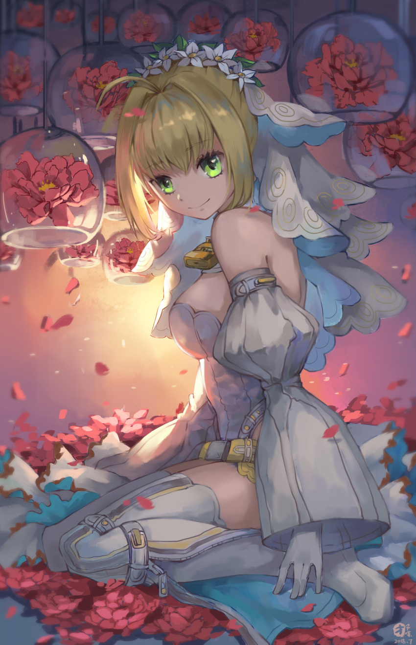 1girl belt blonde_hair breasts detached_sleeves eyebrows_visible_through_hair fate/extra fate/extra_ccc fate_(series) flower gloves green_eyes head_wreath highleg highleg_leotard highres large_breasts leotard lock looking_at_viewer loose_belt nero_claudius_(bride)_(fate) nero_claudius_(fate)_(all) padlock petals profile saber_extra short_hair sitting smile solo strapless strapless_leotard tuanzi_miao veil wariza white_leotard