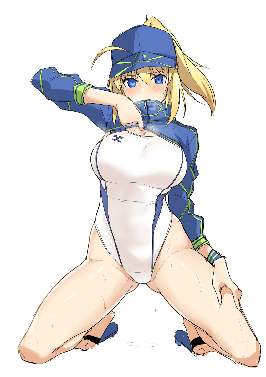 1girl absurdres artoria_pendragon_(all) ass_visible_through_thighs blonde_hair blue_eyes blue_jacket competition_swimsuit fate/grand_order fate_(series) full_body hair_through_headwear harukon_(halcon) highres jacket jacket_lift kneeling long_hair mysterious_heroine_x one-piece_swimsuit ponytail rojiura_satsuki:_chapter_heroine_sanctuary simple_background solo swimsuit swimsuit_under_clothes track_jacket white_background white_swimsuit
