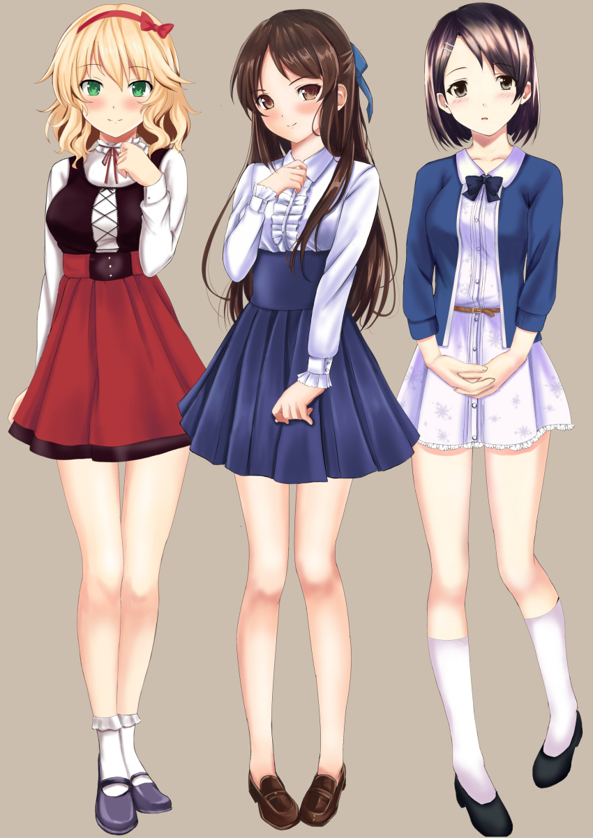 3girls absurdres bangs bare_legs belt black_footwear black_hair blonde_hair blue_ribbon blue_skirt blush bow bowtie brown_background brown_eyes brown_footwear brown_hair commentary_request dress frills full_body green_eyes hair_bow hair_ornament hair_ribbon hairband hairclip hands_clasped highres idolmaster idolmaster_cinderella_girls loafers long_hair long_sleeves looking_at_viewer mary_janes meme_attire miniskirt multiple_girls nakonako neck_ribbon no_socks own_hands_together parted_bangs parted_lips pleated_skirt red_bow red_hairband red_skirt ribbon sakurai_momoka sasaki_chie shirt shoes short_hair simple_background skirt smile socks standing tachibana_arisu very_long_hair virgin_killer_outfit white_dress white_legwear white_shirt