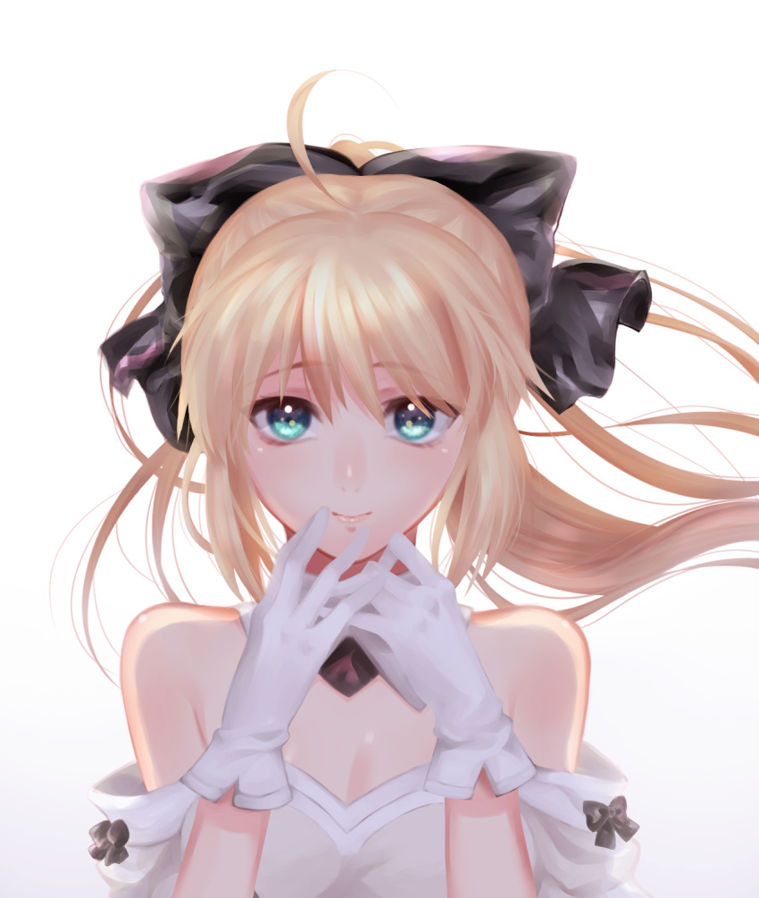 ahoge ai_(blacktea_milk) artoria_pendragon_(all) bare_shoulders black_ribbon blonde_hair blue_eyes breasts cleavage detached_collar detached_sleeves eyebrows_visible_through_hair fate/grand_order fate_(series) gloves hair_between_eyes hair_ribbon highres long_hair ribbon saber_lily small_breasts smile white_gloves
