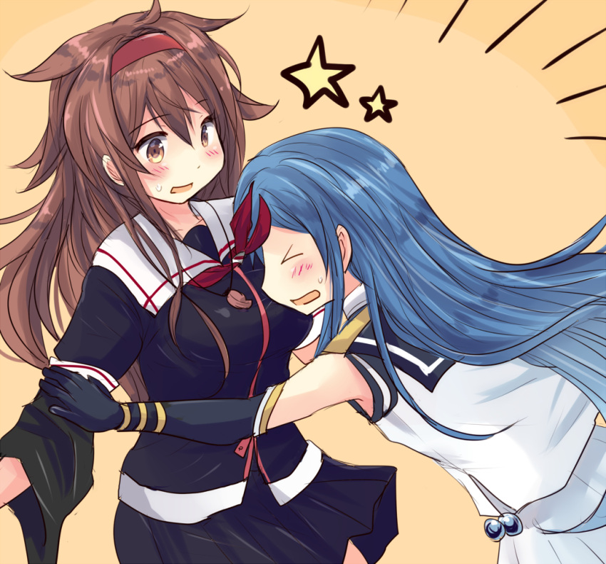 2girls ahoge black_shirt blue_hair blush breasts bumping collared_shirt fingerless_gloves gloves hair_between_eyes hairband head_on_chest headband hirune_(konekonelkk) kantai_collection long_hair messy_hair multiple_girls neckerchief open_mouth red_neckwear remodel_(kantai_collection) shiratsuyu_(kantai_collection) shirt skirt sleeveless sleeveless_shirt uniform whistle whistle_around_neck