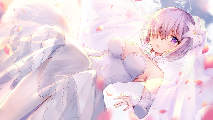 1girl bare_shoulders bison_cangshu breasts bridal_veil bride commentary dress elbow_gloves eyebrows_visible_through_hair eyes_visible_through_hair fate/grand_order fate_(series) gloves hair_over_one_eye highres large_breasts lavender_hair looking_at_viewer mash_kyrielight short_hair veil violet_eyes wedding_dress white_dress white_gloves