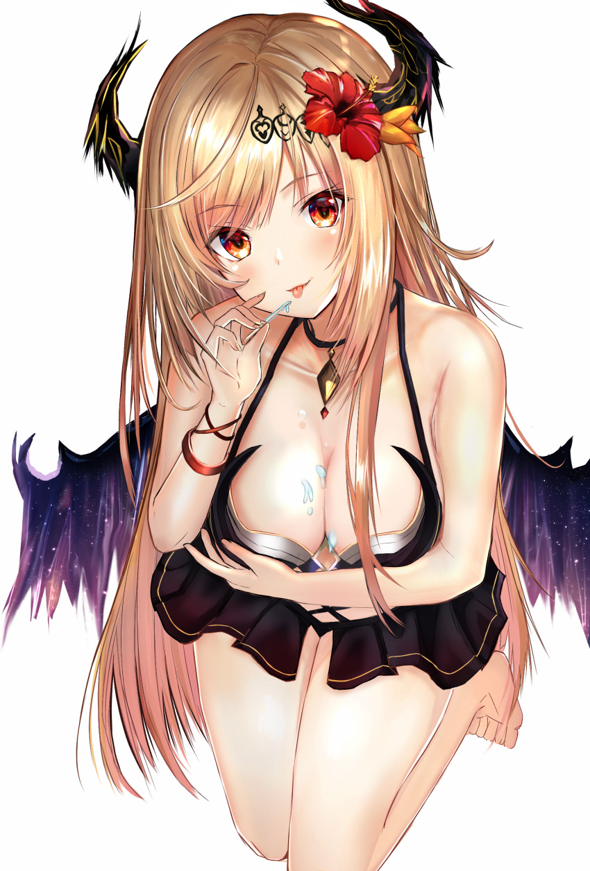 1girl absurdres bare_arms bare_shoulders barefoot black_swimsuit blonde_hair breasts brown_eyes casual cleavage collarbone commentary_request curled_horns dark_angel_olivia fingernails flower food_on_body food_on_breasts granblue_fantasy hair_flower hair_ornament head_tilt highres holding horns kneeling large_breasts leaning_forward long_hair looking_at_viewer one-piece_swimsuit popsicle_stick purple_wings red_flower ria_(riarea00) simple_background solo swimsuit very_long_hair white_background wings