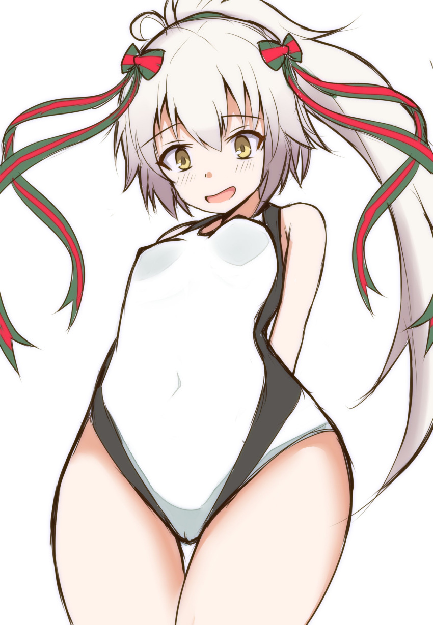 1girl :d absurdres bangs bare_shoulders blush bow breasts brown_eyes casual_one-piece_swimsuit commentary_request covered_navel eyebrows_visible_through_hair fate/grand_order fate_(series) green_bow green_ribbon hair_between_eyes hair_bow high_ponytail highres jeanne_d'arc_(fate)_(all) jeanne_d'arc_alter_santa_lily long_hair mitchi one-piece_swimsuit open_mouth ponytail ribbon silver_hair simple_background small_breasts smile solo striped striped_bow striped_ribbon swimsuit thigh_gap very_long_hair white_background white_swimsuit