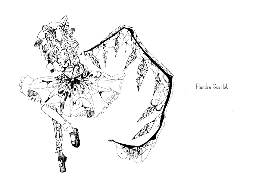 1girl crystal face_in_hands flandre_scarlet greyscale hat highres mob_cap monochrome sano_naoi short_hair side_ponytail simple_background solo touhou white_background wings