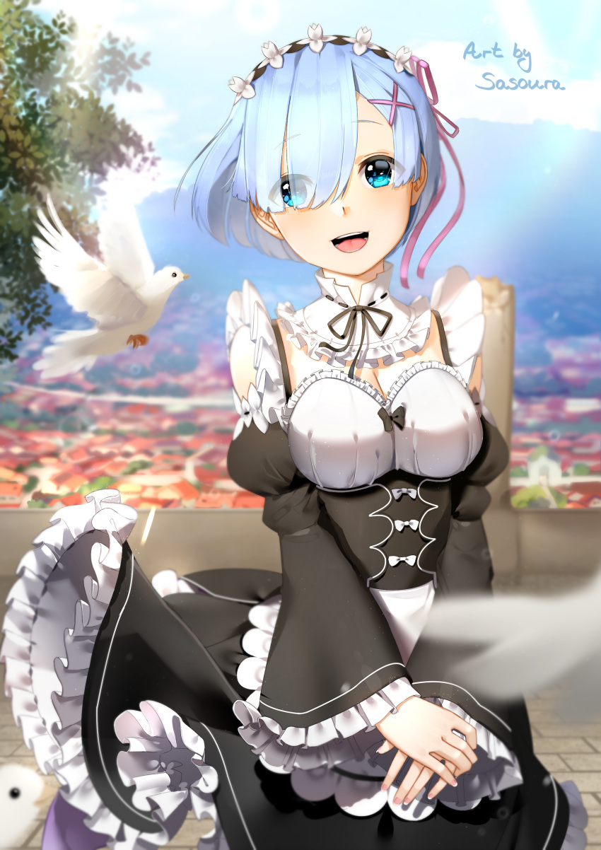 1girl :d absurdres artist_name bird blue_eyes blue_hair closed_eyes commentary day detached_collar detached_sleeves dove english_commentary eyebrows_visible_through_hair frilled_sleeves frills hair_ornament hair_over_one_eye hair_ribbon highres looking_at_viewer maid maid_headdress open_mouth outdoors pink_ribbon puffy_detached_sleeves puffy_sleeves re:zero_kara_hajimeru_isekai_seikatsu rem_(re:zero) ribbon sasoura short_hair smile solo v_arms wide_sleeves x_hair_ornament