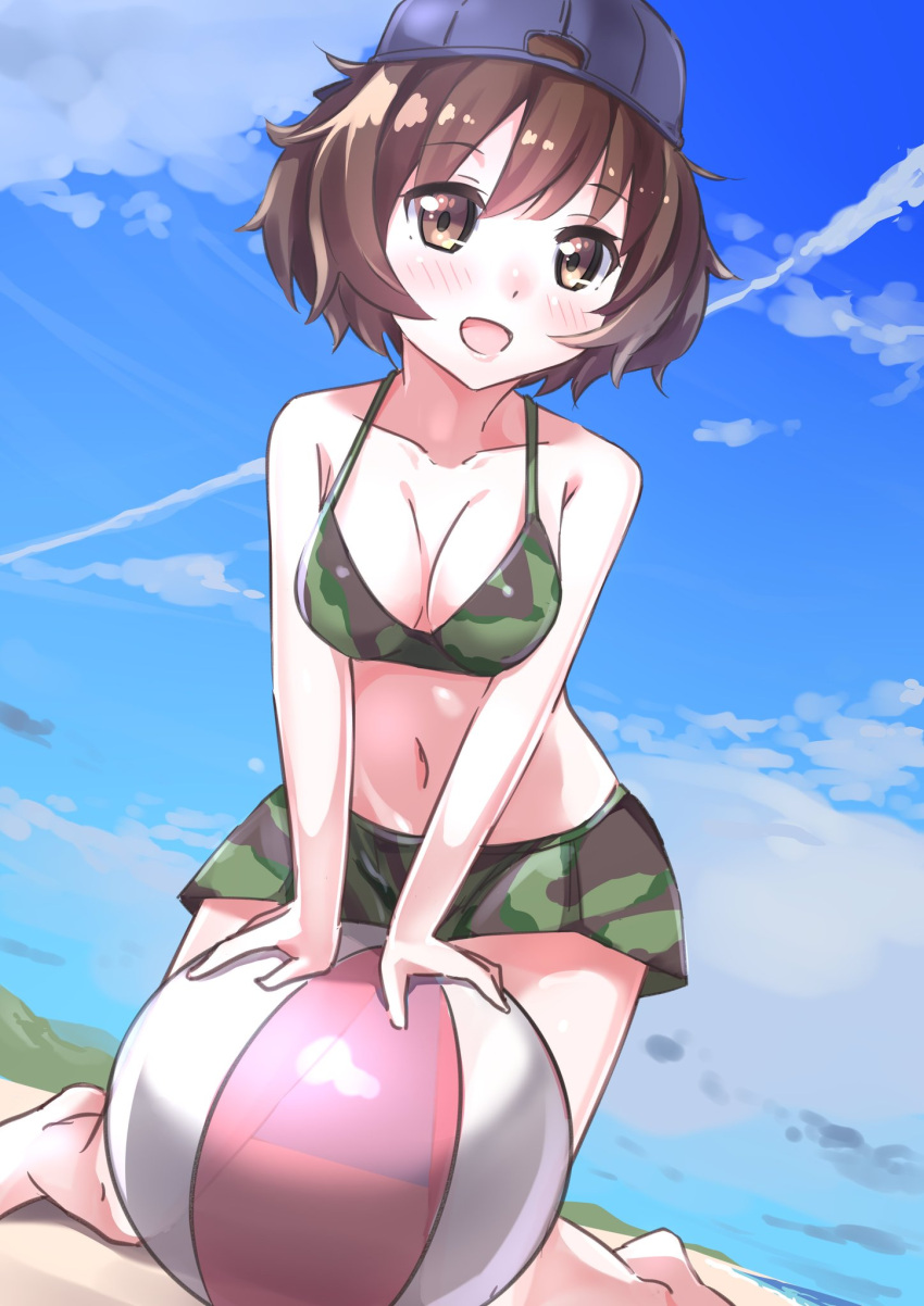 1girl akiyama_yukari arm_support backwards_hat ball bangs baseball_cap beach beachball bikini bikini_shorts blue_hat breasts brown_eyes brown_hair camouflage camouflage_bikini clouds cloudy_sky commentary condensation_trail day dutch_angle eyebrows_visible_through_hair gedoo_(gedo) girls_und_panzer green_bikini hat head_tilt highres kneeling leaning_forward looking_at_viewer medium_breasts messy_hair navel open_mouth outdoors short_hair shorts sky smile swimsuit v_arms