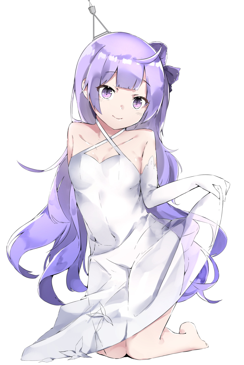 1girl absurdres ahoge azur_lane bangs bare_shoulders barefoot black_ribbon blush breasts closed_mouth collarbone commentary_request cotton_kanzaki criss-cross_halter dress elbow_gloves eyebrows_visible_through_hair full_body gloves hair_bun hair_ribbon halterneck head_tilt highres kneeling looking_at_viewer one_side_up purple_hair ribbon see-through side_bun simple_background skirt_hold small_breasts smile solo unicorn_(azur_lane) violet_eyes white_background white_dress white_gloves