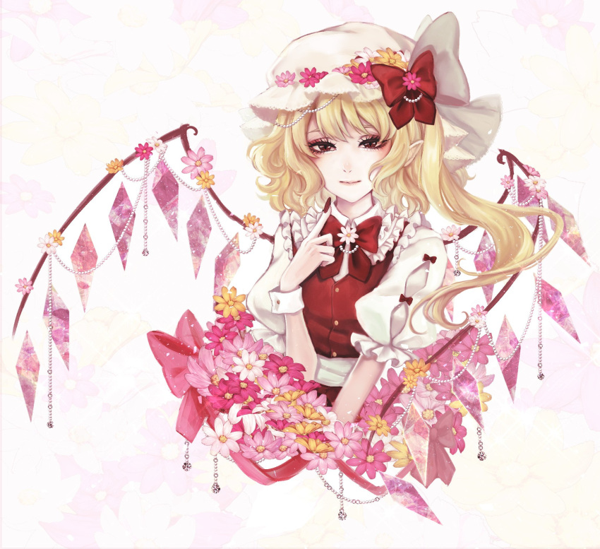 1girl alternate_costume bangs blonde_hair bow crystal flandre_scarlet flower frilled_shirt frilled_sleeves frills hat highres jewelry kyogoku-uru medium_hair mob_cap puffy_short_sleeves puffy_sleeves red_bow red_eyes red_ribbon red_vest ribbon shirt short_sleeves side_ponytail simple_background solo touhou vest white_shirt wings wrist_cuffs