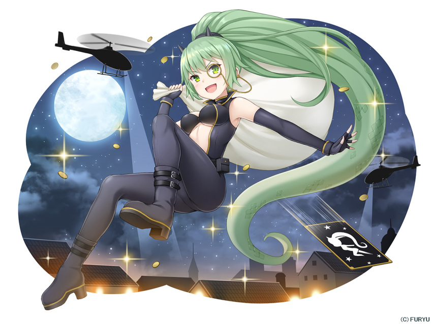 1girl :d aircraft bangs bare_shoulders belt_pouch black_bodysuit black_bra black_footwear black_gloves blush bodysuit boots bra breasts buckle card clouds coin company_name elbow_gloves eyebrows_visible_through_hair fingerless_gloves floating_hair full_body full_moon gloves gold green_eyes green_hair hair_between_eyes hair_ornament helicopter high_ponytail holding holding_sack horned_headwear house jumping knee_boots leg_up long_hair looking_at_viewer medium_breasts monmusu_harem monocle monster_girl moon namaru_(summer_dandy) night night_sky official_art open_mouth outstretched_arm ponytail pouch sack scales searchlight shiny shiny_hair sidelocks sky sleeveless smile snake_hair solo sparkle speed_lines star_(sky) starry_sky theft underwear unitard v-shaped_eyebrows very_long_hair