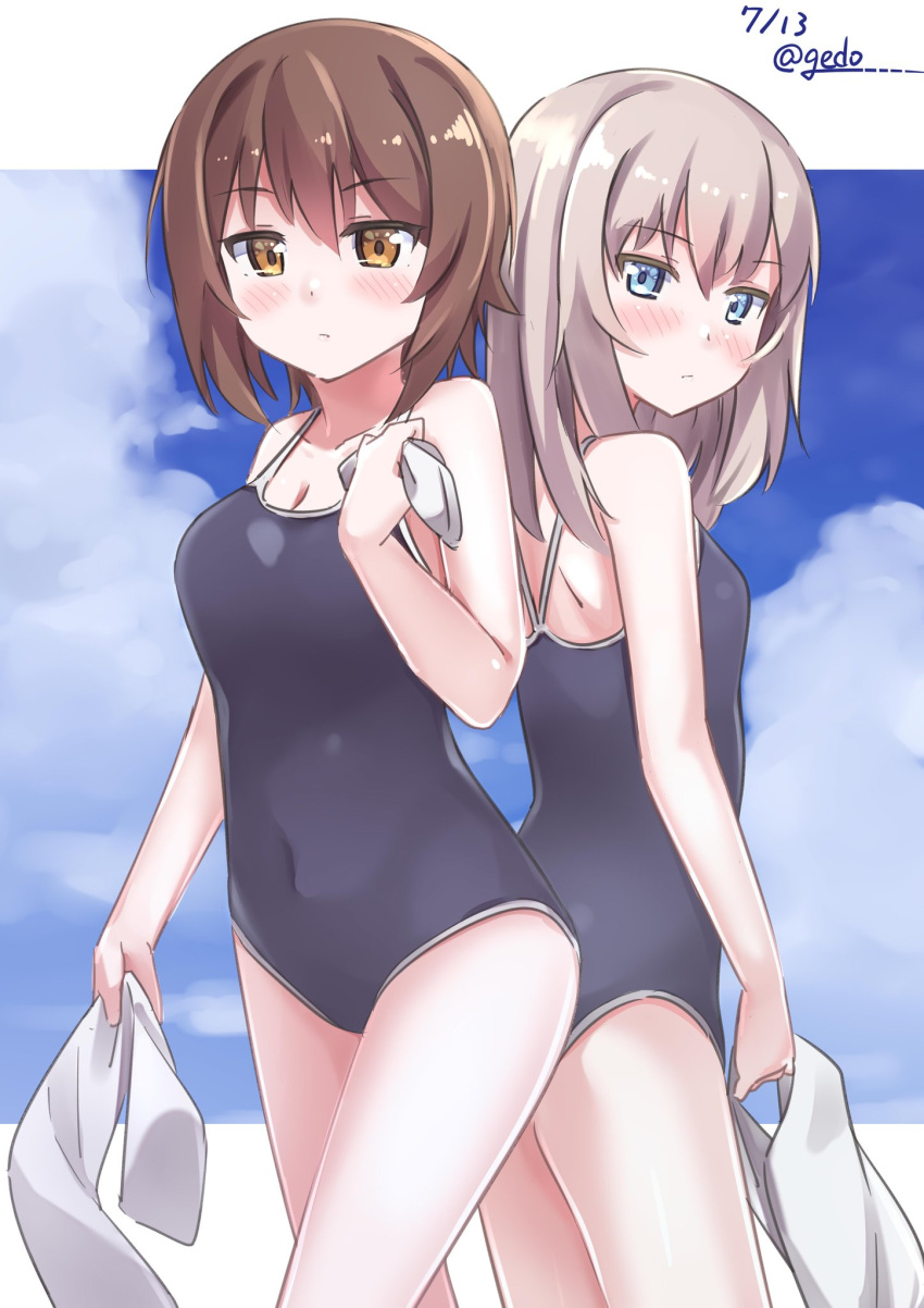 2girls back-to-back bangs blue_eyes blue_swimsuit blush breasts brown_eyes brown_hair cleavage closed_mouth clouds cloudy_sky commentary cowboy_shot dated day eyebrows_visible_through_hair gedoo_(gedo) girls_und_panzer highres holding holding_towel itsumi_erika letterboxed light_frown long_hair looking_at_viewer looking_back multiple_girls nishizumi_maho one-piece_swimsuit outdoors school_swimsuit short_hair silver_hair sky standing swimsuit thighs towel twitter_username white_towel