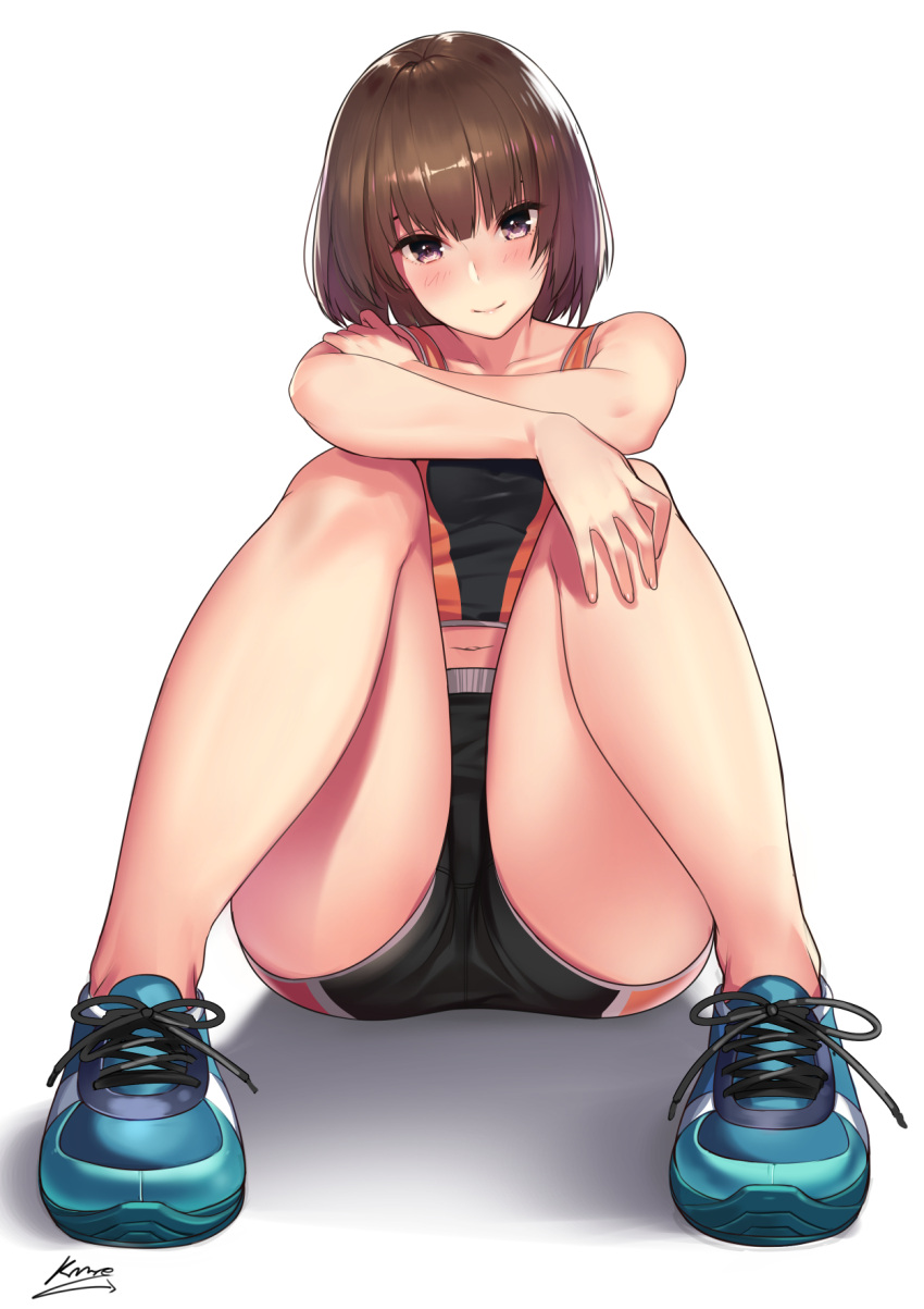 1girl bangs bare_arms bare_legs bare_shoulders black_shorts blue_footwear blush brown_hair closed_mouth crossed_arms full_body hand_on_own_shoulder highres kagematsuri knees_up looking_at_viewer medium_hair midriff navel original shadow shiny shiny_hair shoes shorts signature simple_background sitting smile sneakers solo tank_top violet_eyes white_background