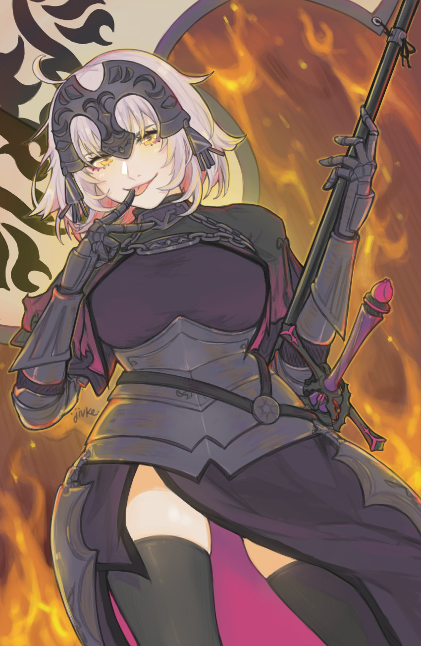 1girl ahoge armor armored_dress artist_name black_dress breasts chains commentary dress english_commentary fate/grand_order fate_(series) faulds finger_licking fire flag from_below gauntlets headpiece highres holding holding_flag jeanne_d'arc_(alter)_(fate) jeanne_d'arc_(fate)_(all) jivke licking looking_at_viewer open_mouth plackart silver_hair thigh-highs tongue tongue_out yellow_eyes