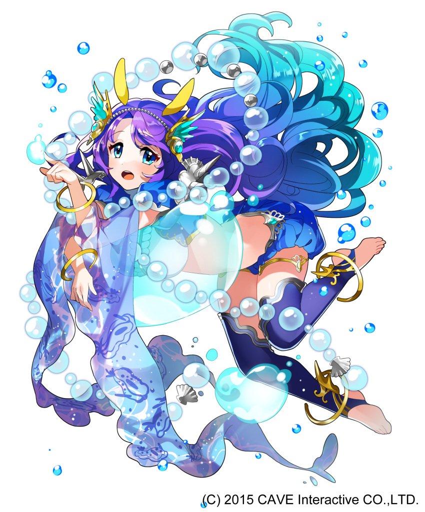 1girl :o absurdly_long_hair absurdres air_bubble akiru_(hokuouhuuhu) anklet bangle blue_eyes blue_footwear blue_hair blue_legwear bracelet bubble coral_hair_ornament gothic_wa_mahou_otome gradient_hair hand_up highres jewelry long_hair looking_at_viewer midriff multicolored_hair official_art purple_hair seashell see-through shell silk solo very_long_hair watermark