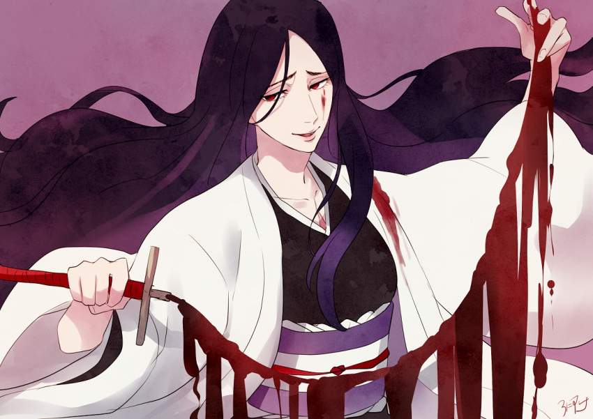 1girl bleach blood blood_on_face bloody_clothes breasts cleavage collarbone haori japanese_clothes long_hair looking_at_viewer purple_hair red_eyes ronisuke solo taichou_haori unohana_retsu very_long_hair whip_sword