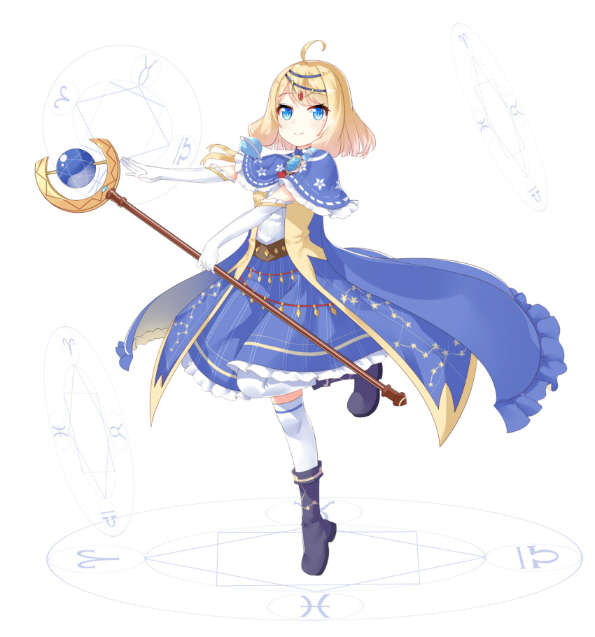 1girl ahoge aries bangs black_footwear blonde_hair blue_cape blue_capelet blue_eyes blue_skirt boots cape capelet chihong_de_tianshi closed_mouth constellation_print elbow_gloves eyebrows_visible_through_hair frilled_cape frilled_capelet frills gloves hair_ornament highres holding holding_staff libra magic_circle original outstretched_arm pisces shirt simple_background skirt smile solo staff standing standing_on_one_leg star taurus thigh-highs thighhighs_under_boots white_background white_gloves white_legwear white_shirt zodiac