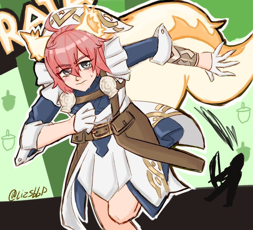 1girl all-out_attack animal_ears blue_shirt cowlick fire_emblem fire_emblem_heroes frilled_sleeves frills grey_eyes hair_between_eyes lizsbbp long_sleeves looking_at_viewer parody pink_hair ratatoskr_(fire_emblem) shirt squirrel_ears squirrel_girl squirrel_tail tail