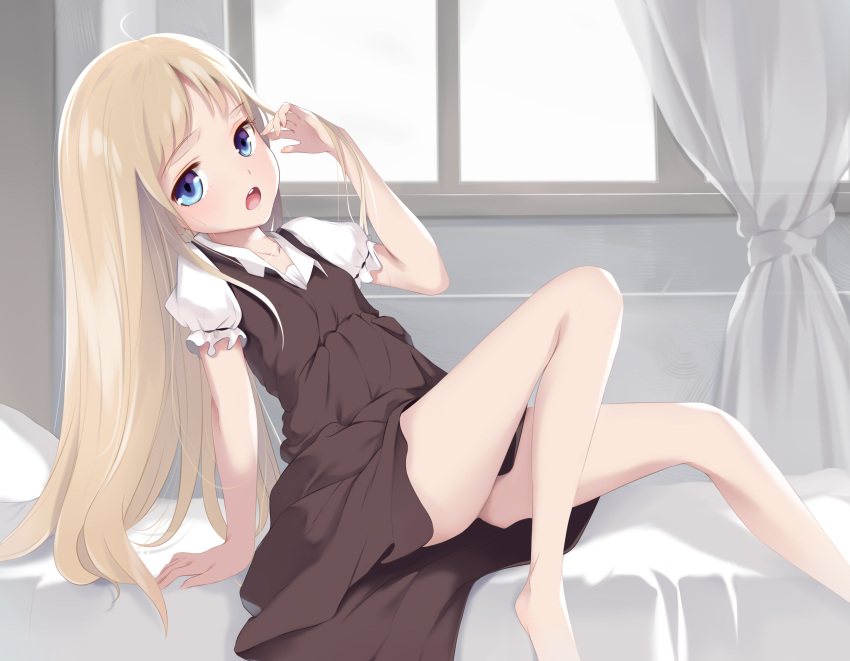 1girl absurdres adjusting_hair arm_support barefoot bed black_dress blonde_hair blush dress highres indoors kirisame_marisa legs long_hair no_hat no_headwear open_mouth p-a-cheng pillow pinafore_dress puffy_short_sleeves puffy_sleeves shirt short_sleeves sitting solo touhou very_long_hair white_shirt window
