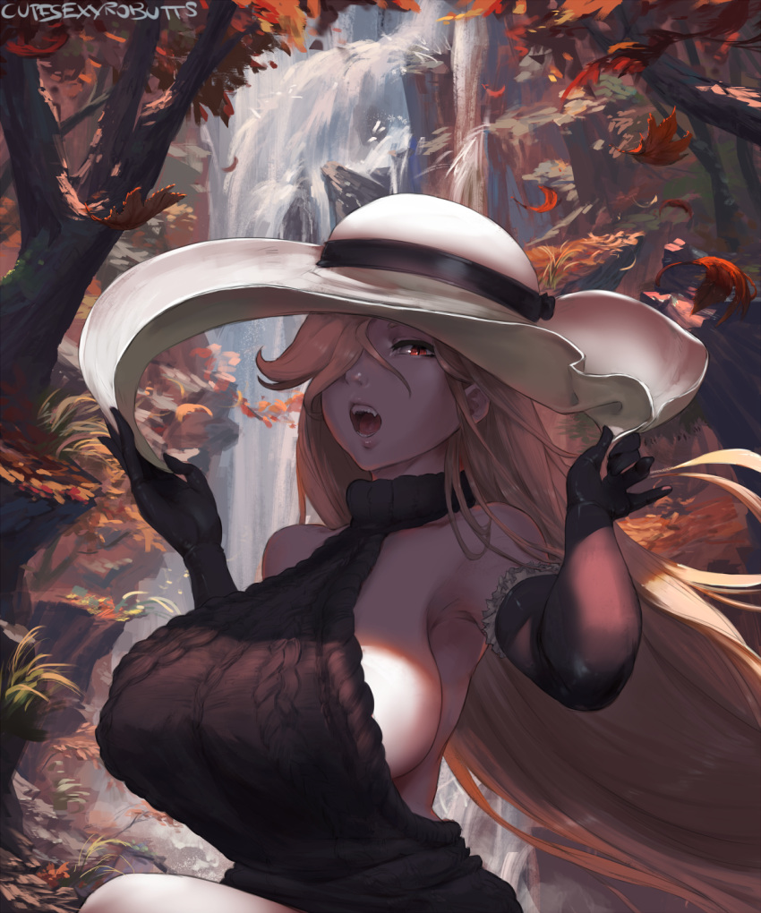 1girl armpits autumn_leaves bare_shoulders big_hat blonde_hair breasts cutesexyrobutts elbow_gloves fangs gloves hair_over_one_eye hat highres lips long_hair looking_at_viewer original red_eyes ribbed_sweater shadow sideboob sitting solo sweater tree vampire very_long_hair water waterfall