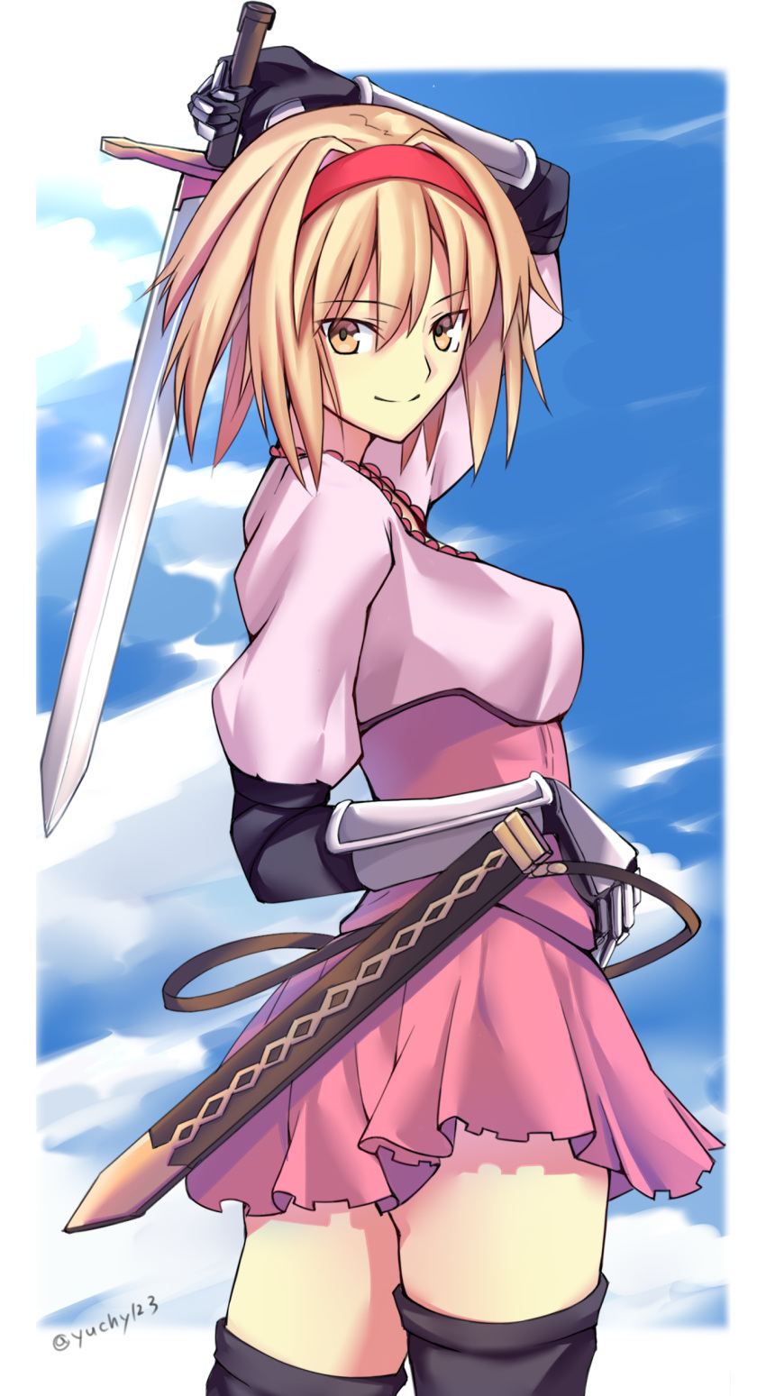 1girl absurdres black_legwear blonde_hair blue_sky clouds cowboy_shot day djeeta_(granblue_fantasy) from_behind gauntlets granblue_fantasy hairband highres holding holding_arm holding_sword holding_weapon long_hair looking_at_viewer miniskirt outdoors pink_shirt pink_skirt red_hairband sheath shirt signature skirt sky solo standing sword thigh-highs unsheathing weapon yellow_eyes yuchio zettai_ryouiki