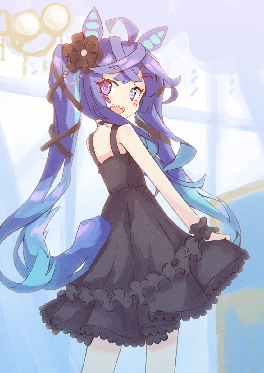 1girl :d @_@ absurdres ahoge animal_ears bangs bare_shoulders black_dress black_flower blue_eyes blue_hair commentary_request dress eyebrows_visible_through_hair flower frilled_dress frills hair_flower hair_ornament heterochromia highres horse_ears ichi long_hair looking_at_viewer looking_back open_mouth sharp_teeth sleeveless sleeveless_dress smile solo teeth thick_eyebrows twin_turbo_(umamusume) twintails umamusume very_long_hair violet_eyes wrist_cuffs