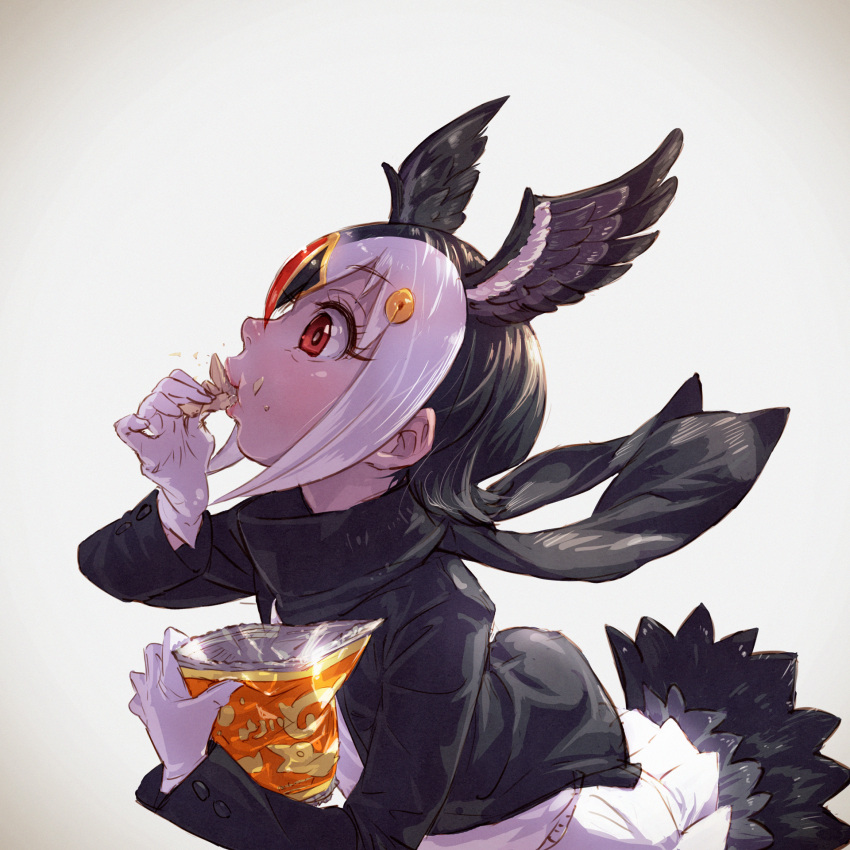 1girl atlantic_puffin_(kemono_friends) bangs bird_tail bird_wings black_hair black_jacket black_scarf blonde_hair bright_pupils chips eating eyebrows_visible_through_hair feathered_wings food from_side gloves head_wings highres jacket japari_chips kemono_friends long_sleeves multicolored_hair nose open_clothes open_jacket potato_chips profile red_eyes redhead scarf short_hair solo takami_masahiro upper_body white_gloves white_hair white_pupils wings