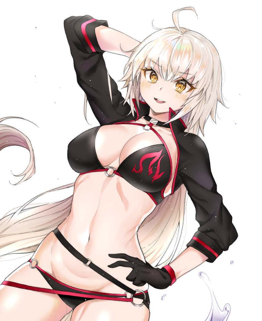 1girl :d ahoge arm_up bangs bikini black_bikini black_choker black_jacket blush breasts choker cleavage collarbone commentary_request cpqm eyebrows_visible_through_hair fate/grand_order fate_(series) hair_between_eyes highres jacket jeanne_d'arc_(alter_swimsuit_berserker) jeanne_d'arc_(fate)_(all) large_breasts long_hair long_sleeves navel o-ring o-ring_bikini o-ring_bottom o-ring_top open_mouth round_teeth silver_hair simple_background smile solo swimsuit teeth upper_teeth very_long_hair water_drop white_background yellow_eyes