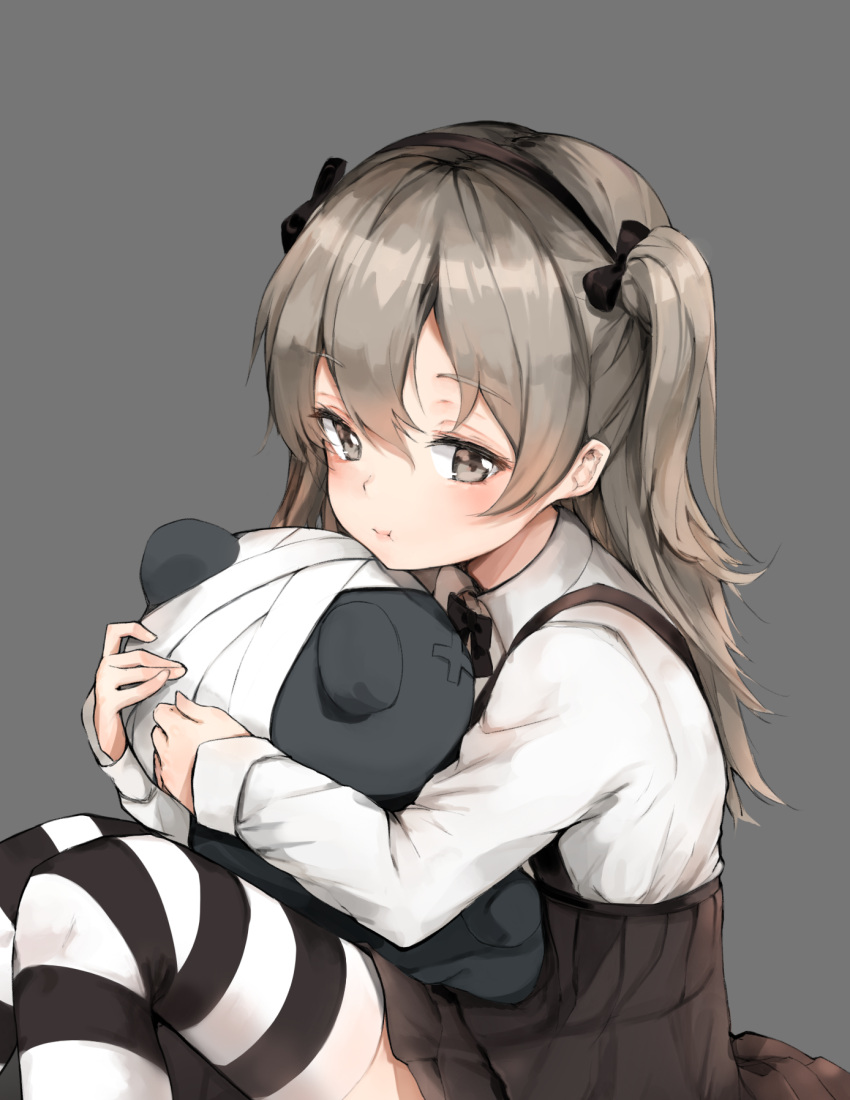 1girl black_hairband black_skirt boko_(girls_und_panzer) broche_(timpet) brown_hair commentary_request eyebrows_visible_through_hair girls_und_panzer grey_background hairband highres horizontal-striped_legwear horizontal_stripes long_hair long_sleeves pout pouty_lips shimada_arisu shirt simple_background sitting skirt solo striped striped_legwear stuffed_animal stuffed_toy teddy_bear thigh-highs white_shirt