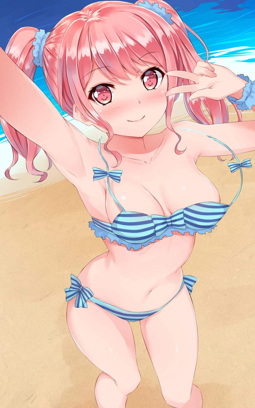 1girl arm_up armpits bang_dream! bangs beach bikini blue_bikini blue_scrunchie blush breasts cleavage collarbone commentary_request eyebrows_visible_through_hair hair_ornament hair_scrunchie halterneck highres looking_at_viewer maruyama_aya medium_breasts midriff naitou_kirara navel outdoors sand scrunchie self_shot side-tie_bikini sidelocks solo standing striped striped_bikini swimsuit twintails w wardrobe_malfunction wrist_scrunchie