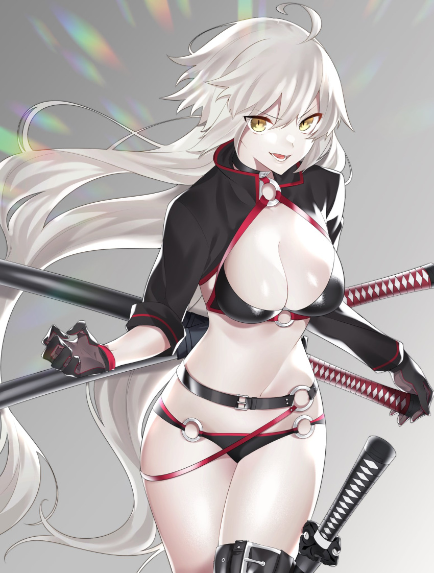 1girl ahoge belt bikini black_bikini black_gloves black_jacket black_swimsuit breasts choker cleavage commentary_request eyebrows_visible_through_hair fate/grand_order fate_(series) gloves grey_background highres jacket jeanne_d'arc_(alter_swimsuit_berserker) jeanne_d'arc_(fate)_(all) large_breasts leg_strap long_hair looking_at_viewer multiple_swords o-ring open_mouth sheath sheathed silver_hair sino42 sleeves_folded_up solo swimsuit sword very_long_hair weapon yellow_eyes