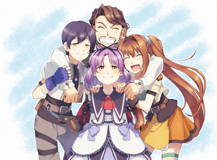 2boys 2girls ahoge arm_around_shoulder arms_behind_back ascot bangs belt black_hair blue_gloves brown_eyes brown_hair cassius_bright closed_eyes cowboy_shot dress eiyuu_densetsu estelle_bright facial_hair fingerless_gloves gloves grin hair_ribbon hug jacket joshua_astray long_hair miniskirt multiple_boys multiple_girls mustache open_mouth pants parted_bangs purple_hair renne ribbon shirt short_hair skirt smile sora_no_kiseki tekutonbo thigh-highs twintails white_legwear zettai_ryouiki