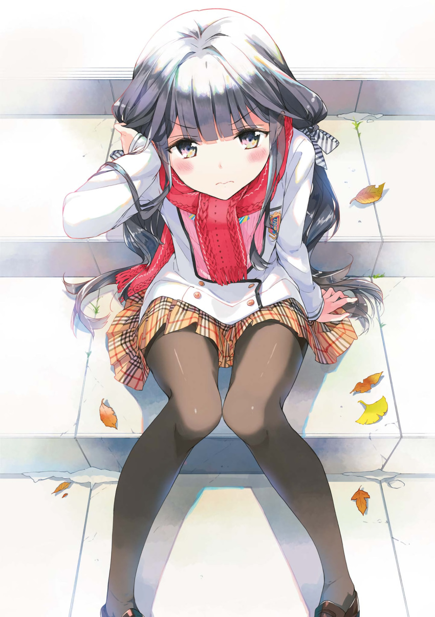 1girl 3: adagaki_aki arm_up autumn_leaves bangs black_eyes black_hair black_legwear blunt_bangs blush brown_footwear closed_mouth emblem eyebrows_visible_through_hair feet_out_of_frame fringe frown hair_ribbon hand_in_hair highres jacket knees_together_feet_apart loafers long_hair long_sleeves looking_at_viewer looking_up low_twintails masamune-kun_no_revenge miniskirt multicolored multicolored_eyes outdoors pantyhose pink_eyes plaid plaid_skirt pleated_skirt red_scarf ribbon scan scarf school_uniform shiny shiny_hair shoes sidelocks sitting skirt solo stairs striped striped_ribbon tiv twintails v-shaped_eyebrows very_long_hair white_jacket yellow_eyes yellow_skirt
