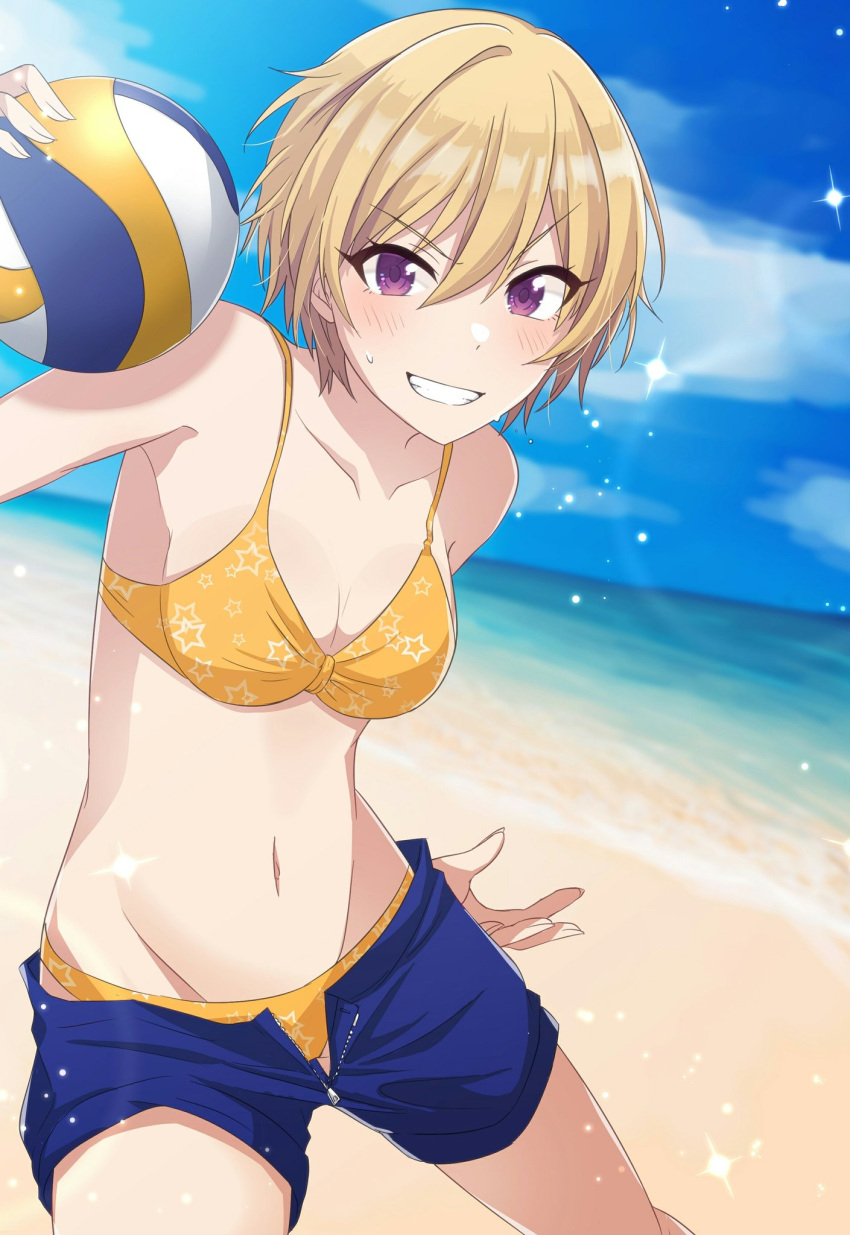 1girl aki_no_suke_p bangs beach bikini blonde_hair blue_shorts blue_sky blush breasts cleavage collarbone grin hair_between_eyes highres idolmaster idolmaster_shiny_colors looking_at_viewer navel saijou_juri short_hair shorts sky small_breasts smile solo sparkle star star_print swimsuit thighs violet_eyes volleyball waist yellow_bikini