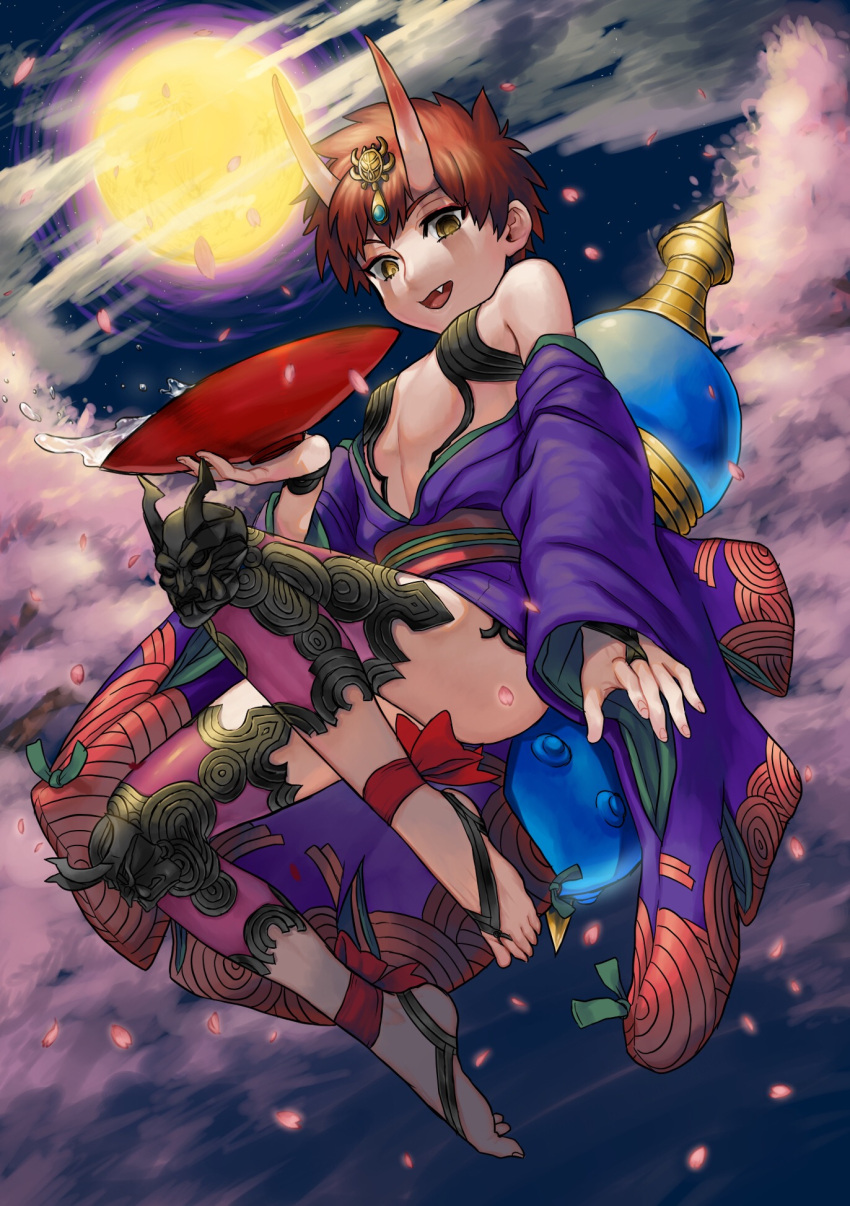 1boy alcohol androgynous bare_shoulders barefoot cosplay cup emiya_shirou fang fate/grand_order fate/stay_night fate_(series) food highres japanese_clothes jewelry kimono kmk looking_at_viewer male_focus navel oni_horns open_mouth pectorals redhead revealing_clothes sakazuki sake short_hair shuten_douji_(fate/grand_order) shuten_douji_(fate/grand_order)_(cosplay) skirt solo