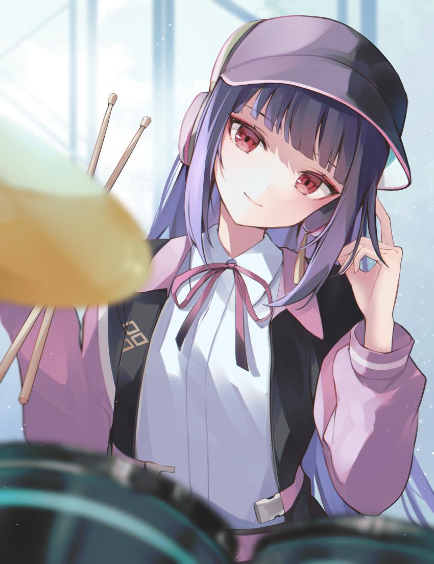 1girl 7aka_ne11 absurdres bangs baseball_cap blunt_bangs blurry blurry_foreground closed_mouth cymbals drum drum_set drumsticks genshin_impact hat headphones highres holding holding_drumsticks instrument long_hair long_sleeves looking_at_viewer neck_ribbon purple_hair red_eyes ribbon shirt sidelocks smile solo white_shirt yun_jin_(genshin_impact)