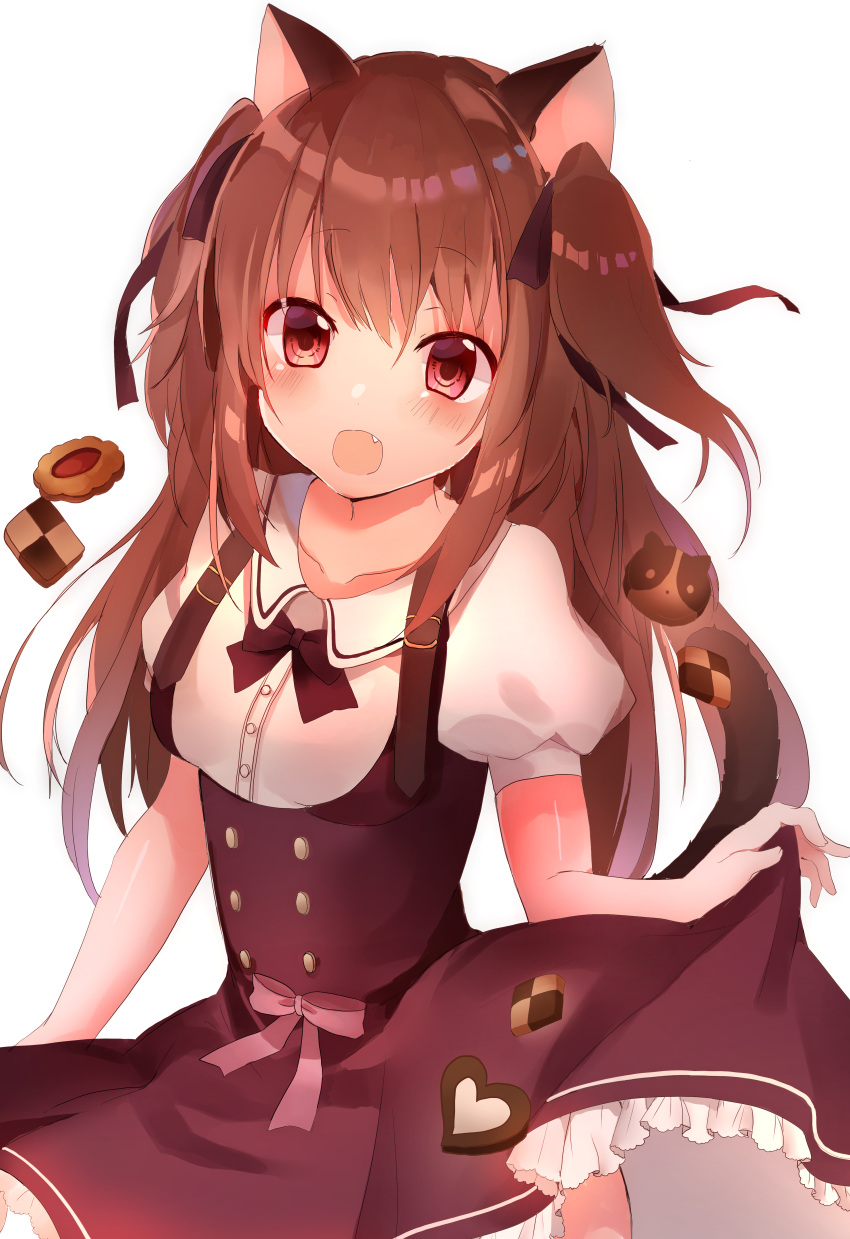 1girl :d absurdres animal_ears bangs blush bow brown_dress brown_hair brown_ribbon cat_ears cat_girl cat_tail checkerboard_cookie collared_shirt commentary cookie dress dress_shirt eyebrows_visible_through_hair fang fingernails food hair_between_eyes hair_ribbon highres long_hair looking_at_viewer nekoko_(windcat429) open_mouth original puffy_short_sleeves puffy_sleeves red_bow red_eyes ribbon shirt short_sleeves simple_background skirt_hold sleeveless sleeveless_dress smile solo symbol_commentary tail tail_raised two_side_up very_long_hair white_background white_shirt