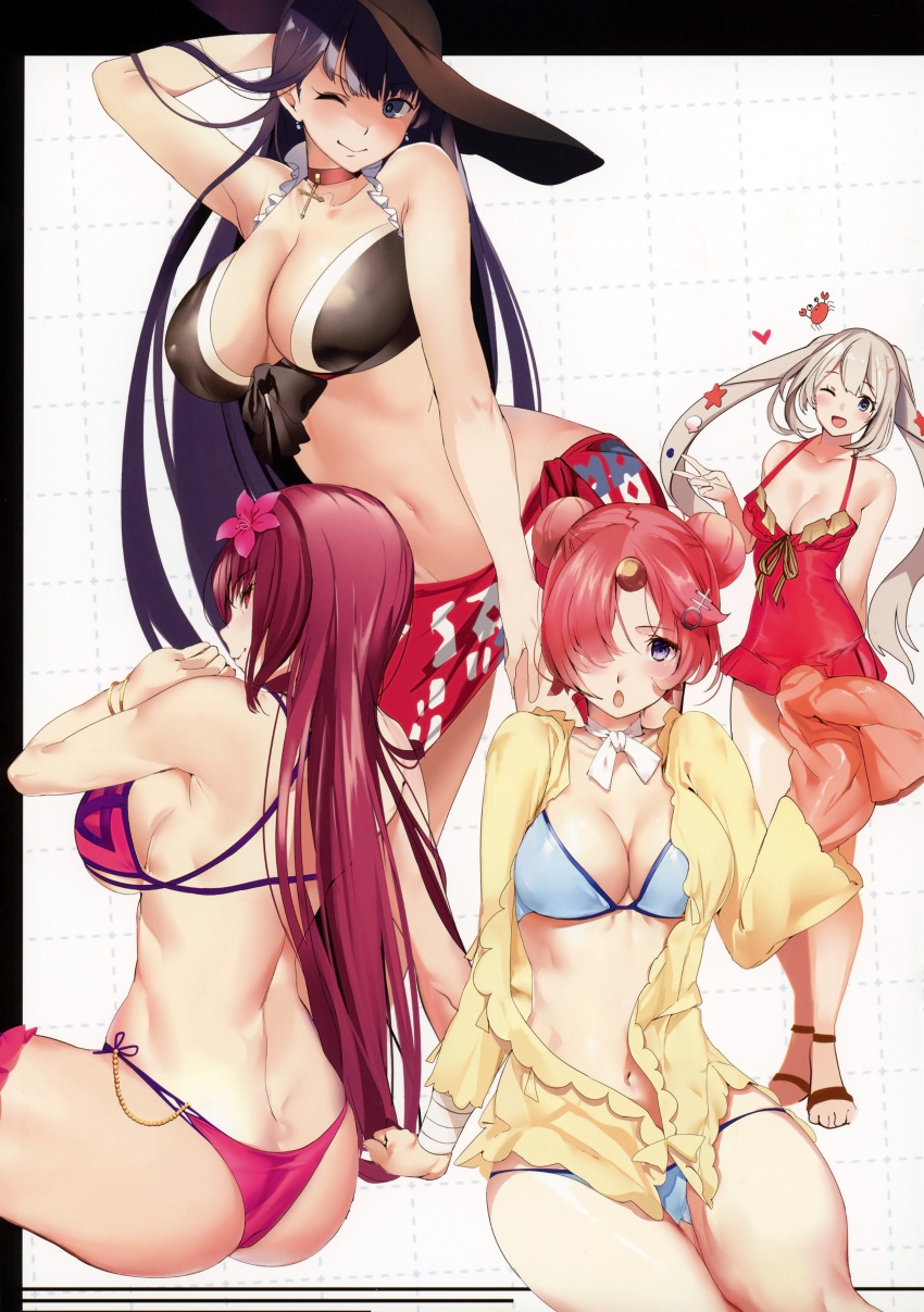 absurdres breasts cleavage collar earrings fate/grand_order fate_(series) flower frankenstein's_monster_(fate) frankenstein's_monster_(swimsuit_saber)_(fate) hair_flower hair_ornament hat hibiscus highres jewelry looking_at_viewer looking_back marie_antoinette_(fate/grand_order) marie_antoinette_(swimsuit_caster)_(fate) marushin_(denwa0214) multiple_girls navel open_mouth saint_martha saint_martha_(swimsuit_ruler)_(fate) scan scathach_(fate)_(all) scathach_(fate/grand_order) scathach_(swimsuit_assassin)_(fate) simple_background smile sun_hat twintails v